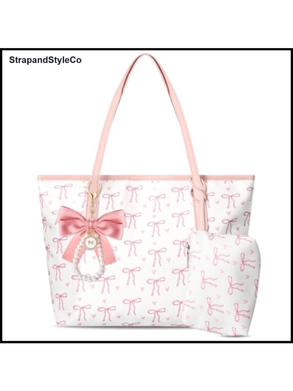 Coquette Bow Tote Bag Set Faux Leather Shoulder Purse with Cosmetic Pouch &